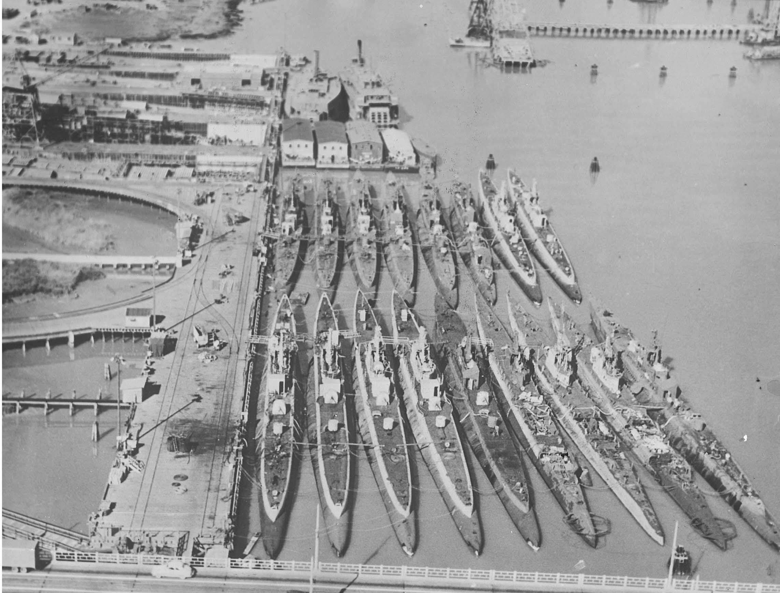 Inactivated submarines at Mare Island Naval Shipyard, California, United States, early 1946