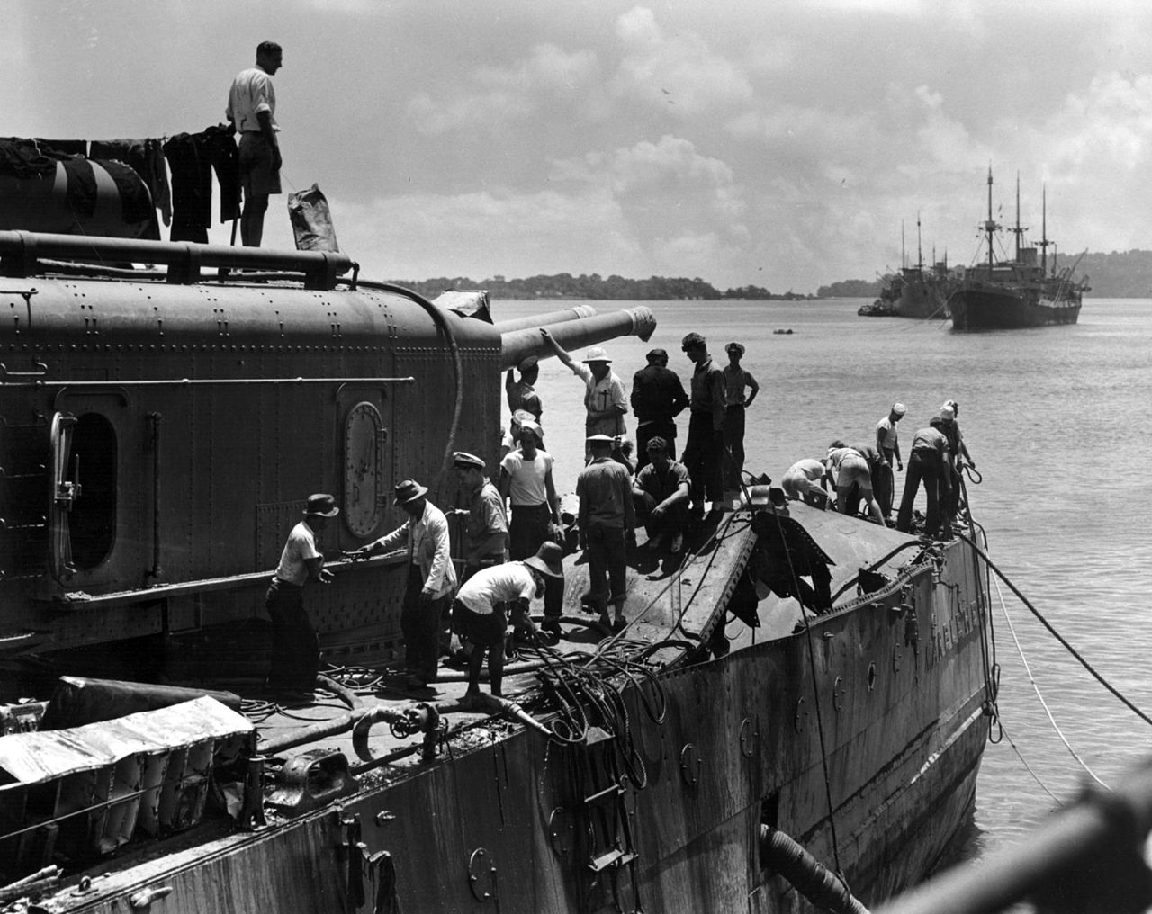 USS Marblehead at Tjilatjap, Java, Dutch East Indies, Feb 1942; note bomb damage