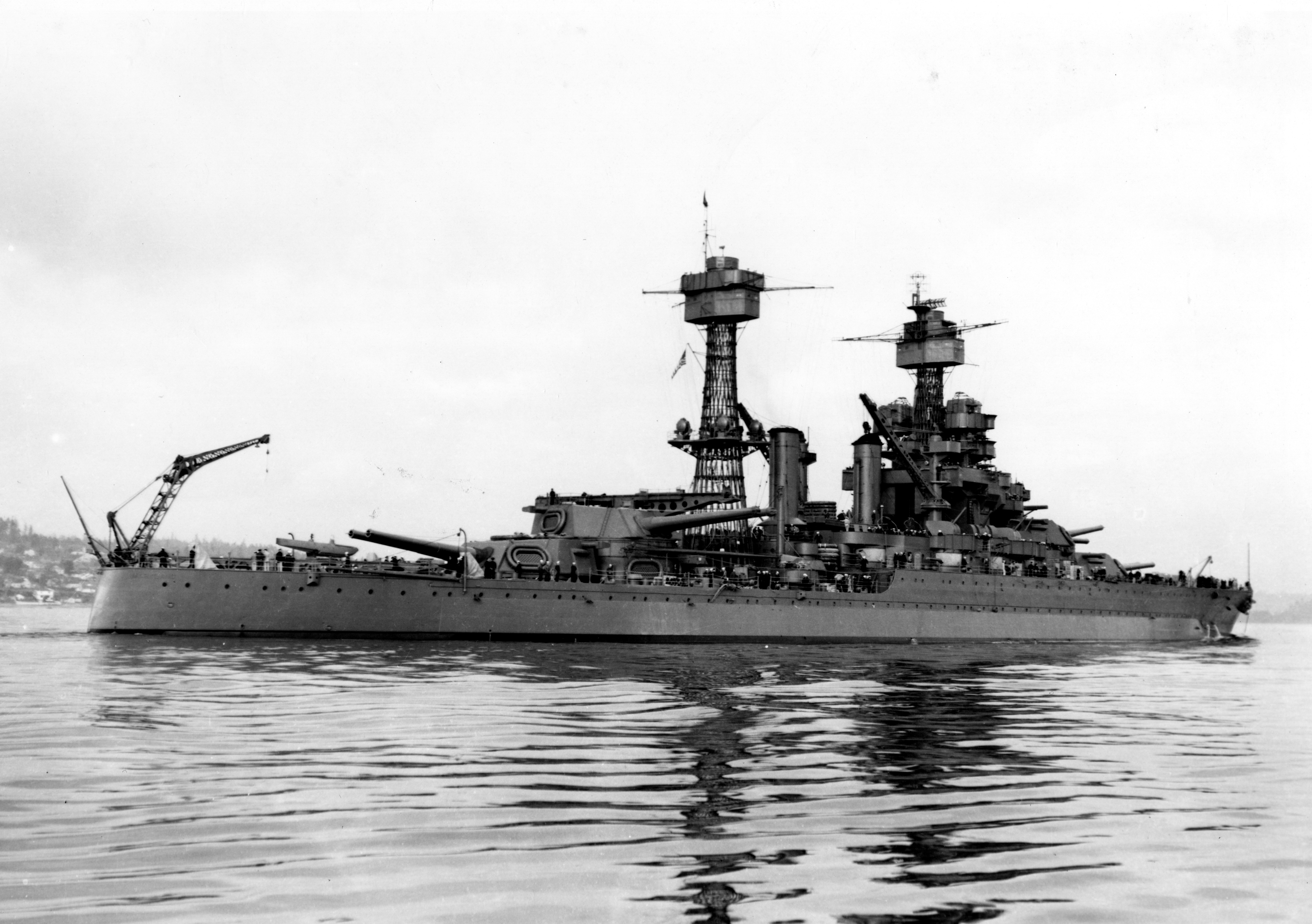 USS Maryland at Puget Sound Naval Shipyard, Bremerton, Washington, United States 9 Feb 1942 after repairs from damage received in the attack on Pearl Harbor three months earlier. Photo 2 of 2.