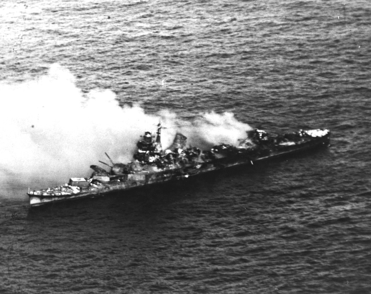 Mikuma burning after being bombed by Enterprise's aircraft, 6 Jun 1942