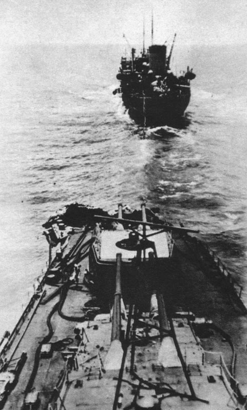 Mogami with damaged bow, Pacific Ocean, 6 Jun 1942; note tanker Nichiei Maru in background
