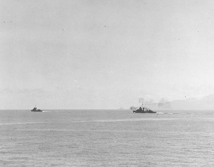 US Navy Destroyer Squadron Four's Mugford and Patterson performing gunnery practice, inside Great Barrier Reef, off Palm Island, Australia, 9 Oct 1942