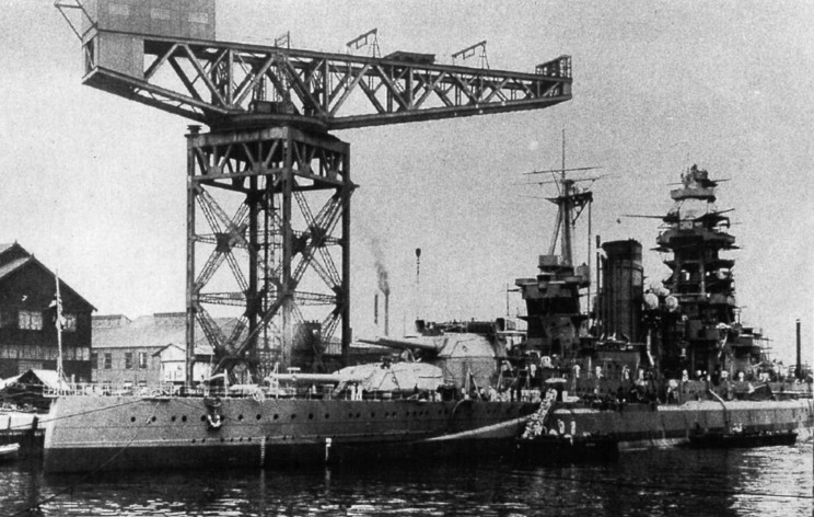 Battleship Mutsu during reconstruction, Yokosuka, Japan, May 1936