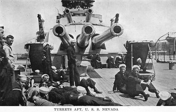 Battleship Nevada's crew relaxing on the quarter deck near the aft turret, published in a 1919 souvenir folder