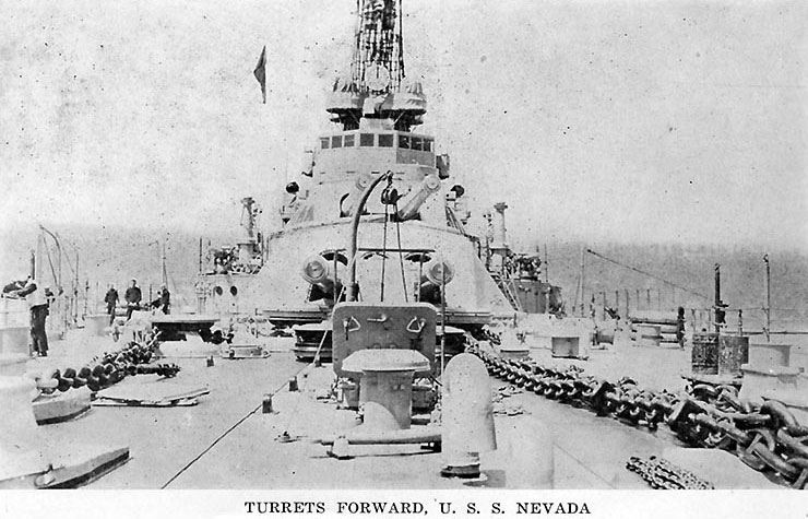 Battleship Nevada's forward 14-inch gun turrets and superstructure, published in a 1919 souvenir folder