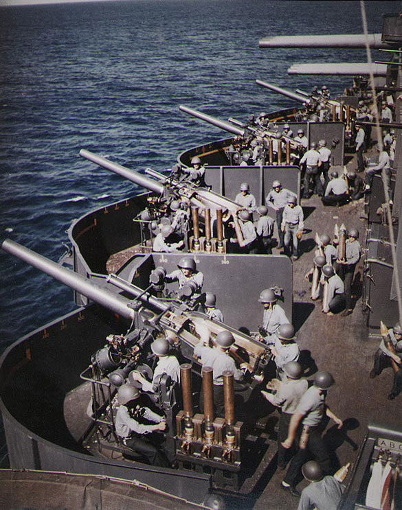 New Mexico's 5in guns prepared to bombard Saipan, 15 Jun 1944