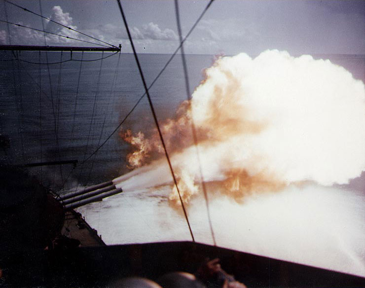 New Mexico firing her after 14in guns at Guam, Mariana Islands, circa 14-20 Jul 1944