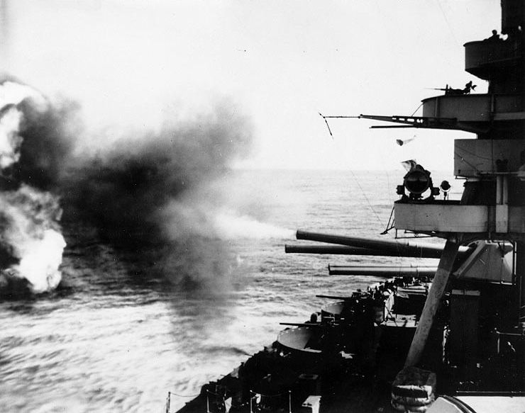 Battleship New York bombarding Iwo Jima, 16 Feb 1945; view looked aft, on the starboard side
