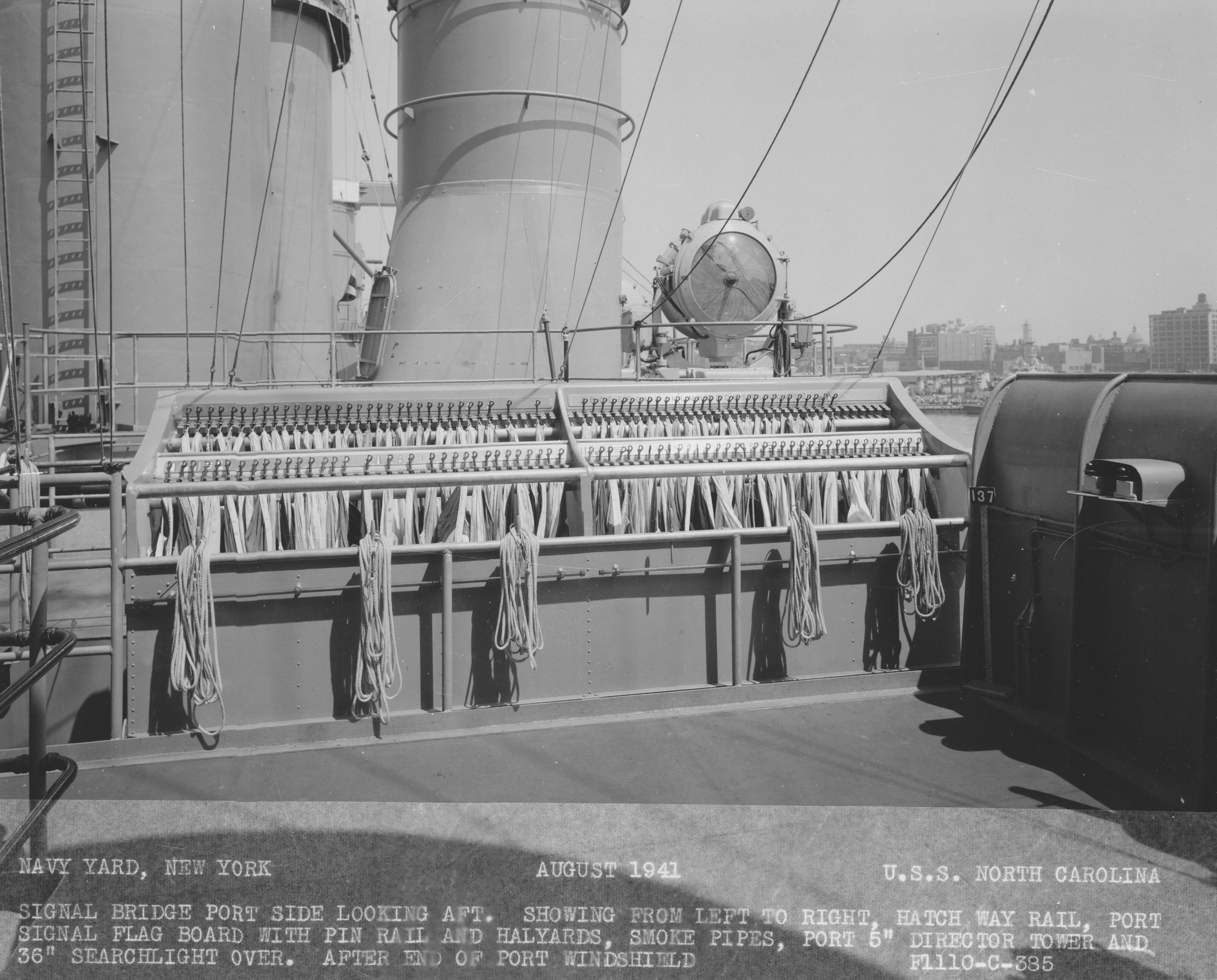 View of the port side signal bridge aboard USS North Carolina, Aug 1941