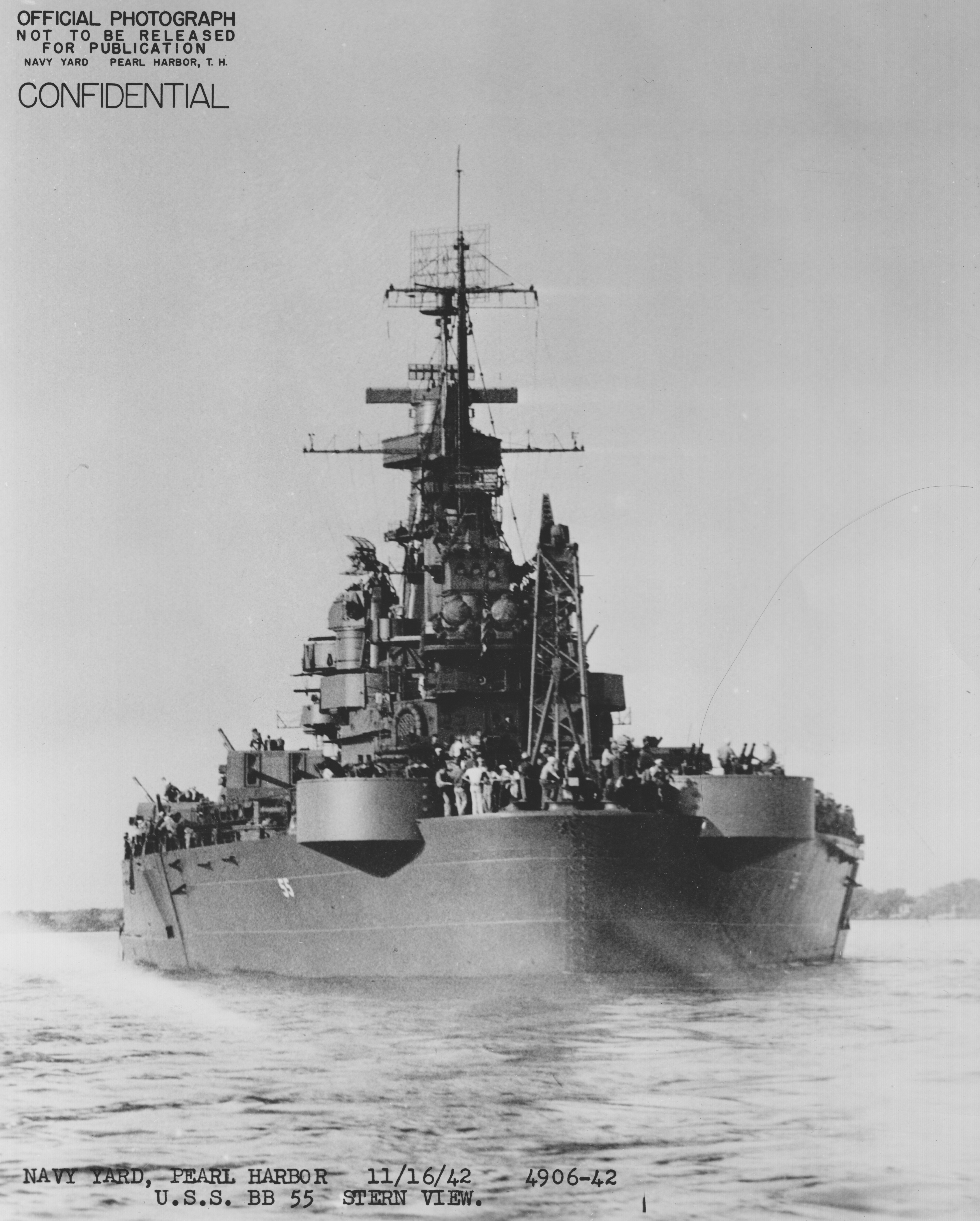 View of the stern of USS North Carolina, Pearl Harbor, US Territory of Hawaii, 16 Nov 1942