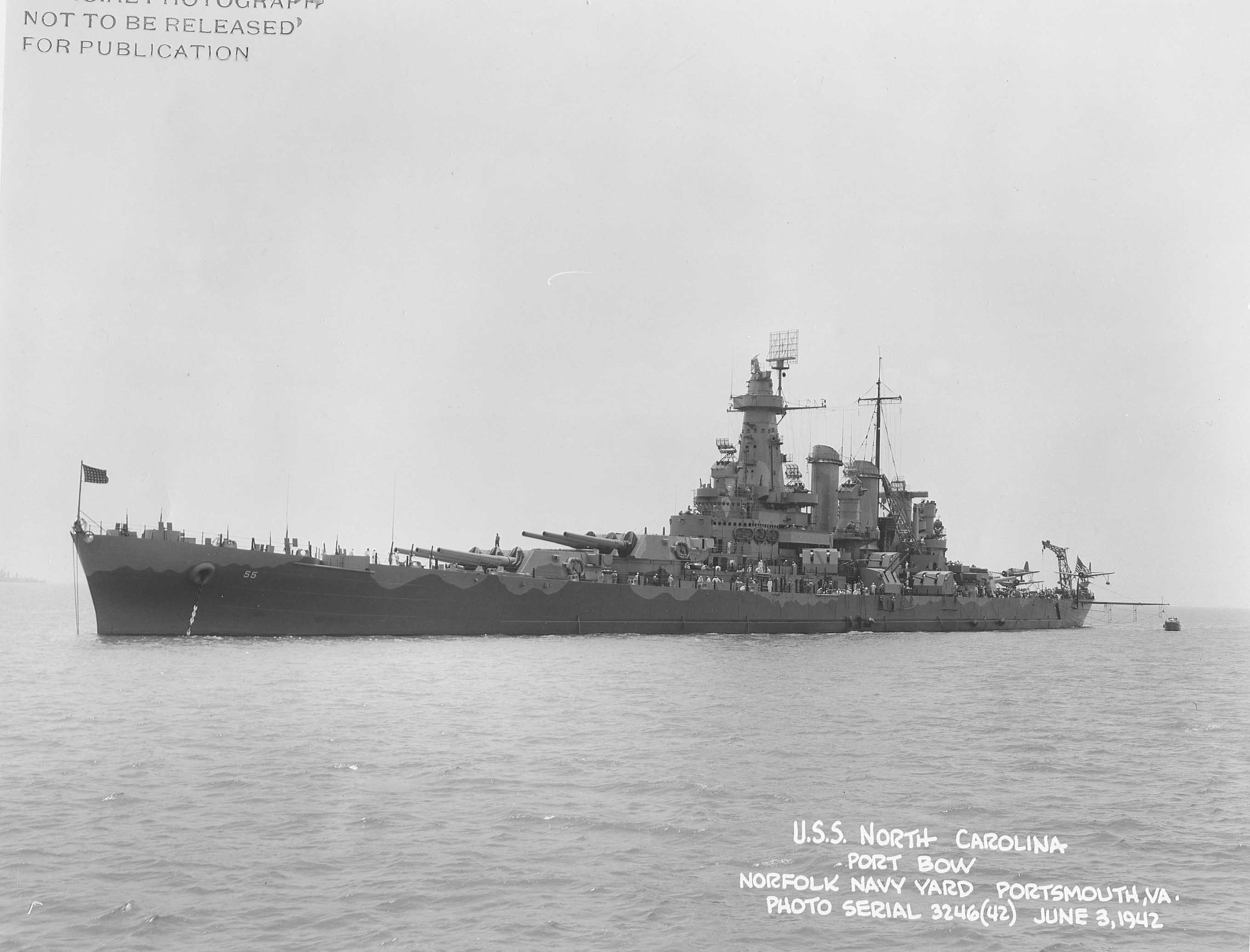 USS North Carolina off Norfolk Navy Yard, Portsmouth, Virginia, United States, 3 Jun 1942, photo 1 of 2