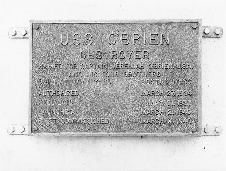 O'Brien's historical data plaque, photo taken at Boston Navy Yard, Massachusetts, United States, 3 Sep 1940