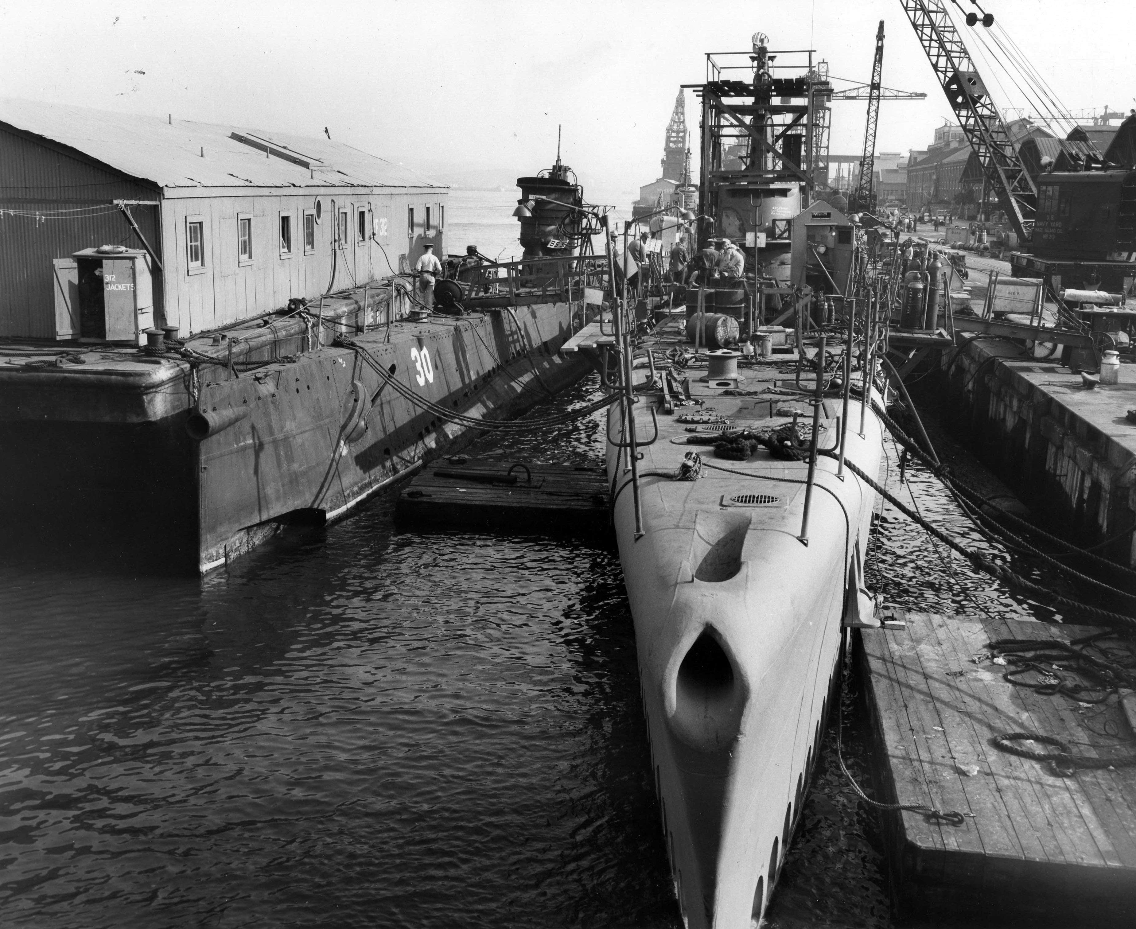 USS Parche and another submarine at Mare Island Naval Shipyard, Vallejo, California, United States, 19-23 Oct 1945