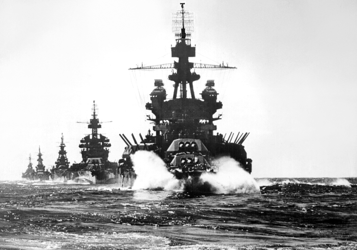US warships Pennsylvania, Colorado, Louisville, Portland, and Columbia in Lingayen Gulf, Philippine Islands, Jan 1945