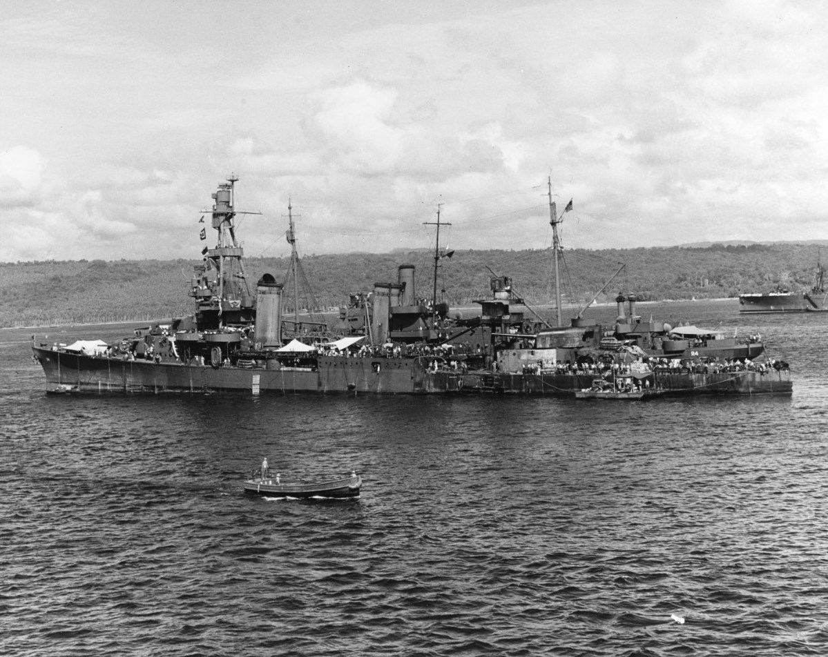 Pensacola at Espiritu Santo on 17 Dec 1942, showing damage sustained at Battle of Tassafaronga