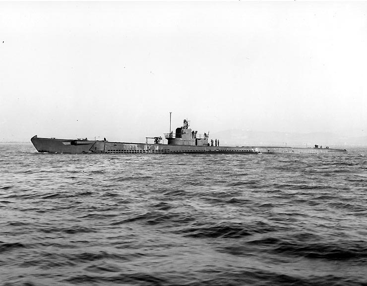 USS Permit off Mare Island Navy Yard, California, United States, 13 Jan 1943, photo 1 of 2; note newly installed port-side external torpedo tube