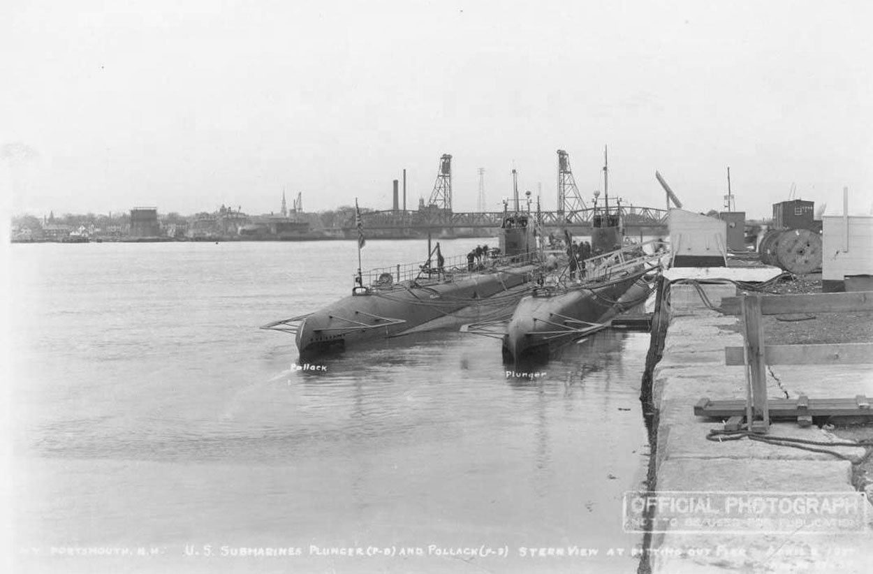 USS Pollack and USS Plunger at Portsmouth Naval Shipyard, Kittery, Maine, United States, circa Apr 1937