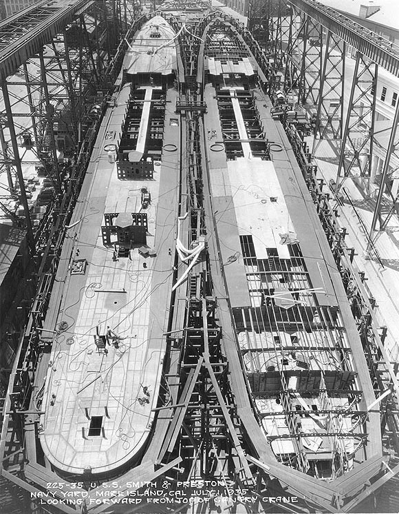 Destroyers Smith and Preston under construction at the Mare Island Navy Yard, California, United States, 1 Jul 1935