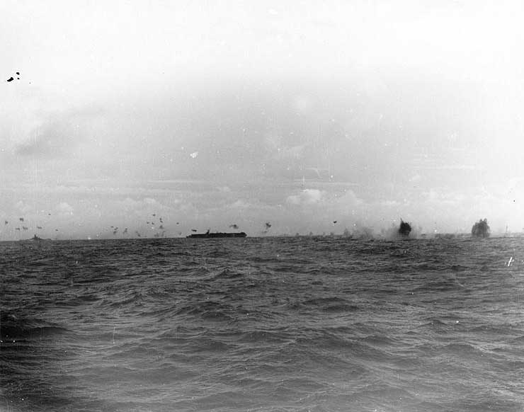 A Japanese aircraft crashing near USS Princeton off Taiwan, 14 Oct 1944