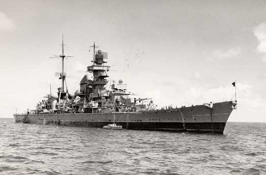 Captured German cruiser Prinz Eugen shortly before being subjected to atomic detonation tests, Bikini Atoll, 1946