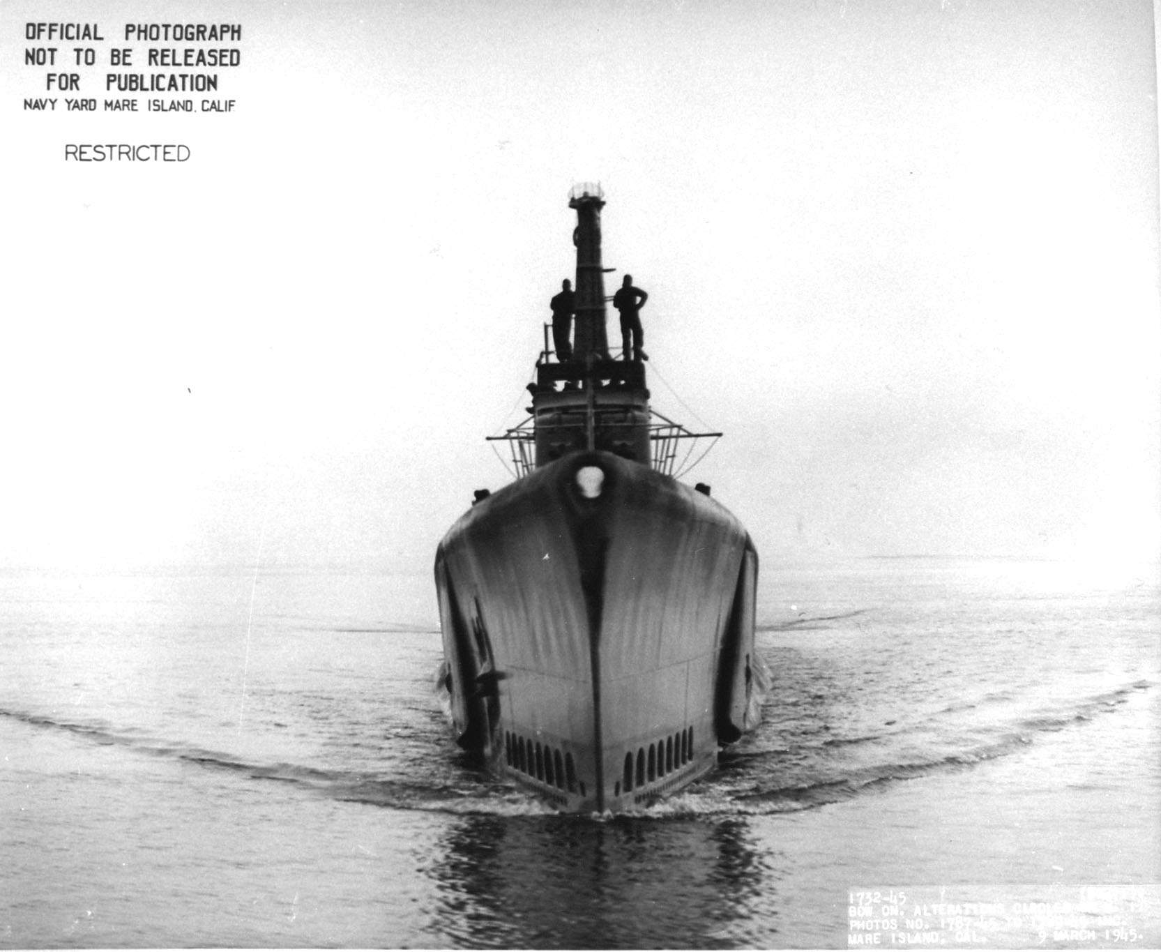 Bow view of USS Ray, Mare Island Naval Shipyard, Vallejo, California, United States, 9 Mar 1945
