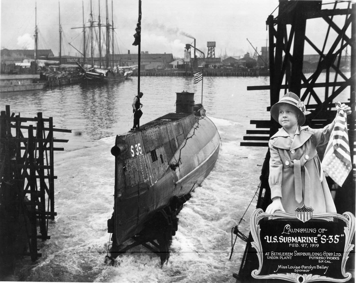 Launching of submarine S-35, San Francisco, California, United States, 27 Feb 1919