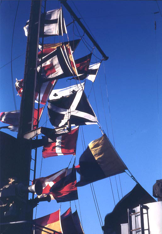 Signal flags flying from Sanborn's halliards, circa late 1944 or in 1945, photo 2 of 2