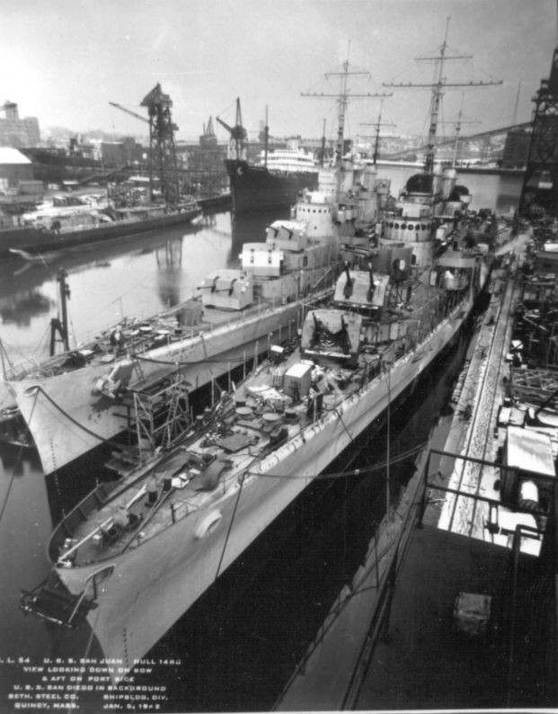 USS San Diego and USS San Juan, Fore River shipyard, Quincy, Massachusetts, United States, Jan 1942