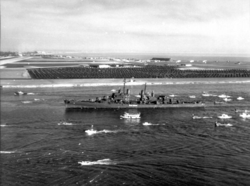 USS San Diego entering San Diego harbor, California, United States, Oct 1945