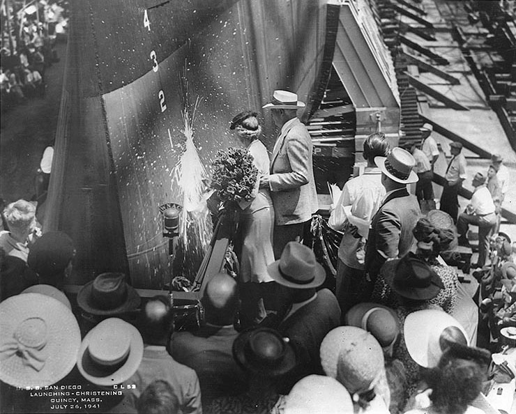 Grace Legler Benbough christened San Diego during launching ceremonies at the Bethlehem Steel Company shipyard, Quincy, Massachusetts, United States, 26 Jul 1941