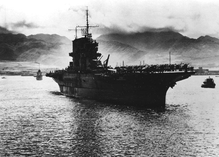 USS Saratoga arriving at Pearl Harbor, US Territory of Hawaii, 6 Jun 1942