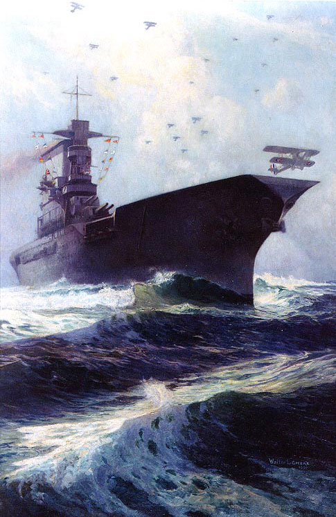 Painting of USS Lexington by Walter L. Greene, 1927, depicting the ship launching aircraft
