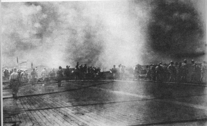 Crew of Shokaku fighting fires during Battle of the Santa Cruz Islands, 26 Oct 1942