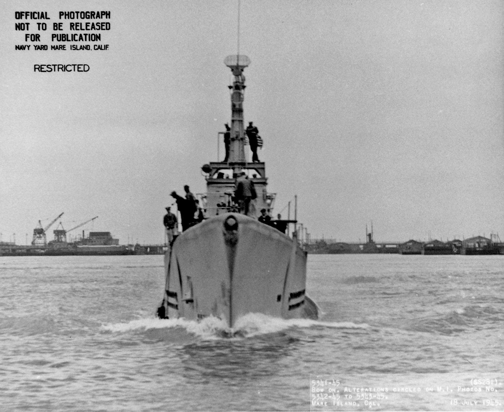Bow view of USS Sunfish off Mare Island Navy Yard, Vallejo, California, United States, 18 Jul 1945