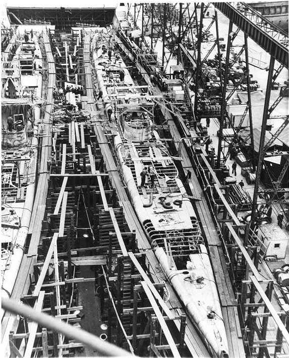 Tang (left) and Tilefish (right) under construction at Mare Island Navy Yard, Vallejo, California, United States, 1 Jul 1943, photo 3 of 3