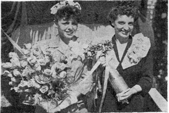 Mrs Cecily Olsen and Mrs A S Pitre at the launching of Tang, Mare Island Navy Yard, Vallejo, California, United States, 17 Aug 1943, as printed in 20 Aug 1943 edition of shipyard newspaper Grapevine