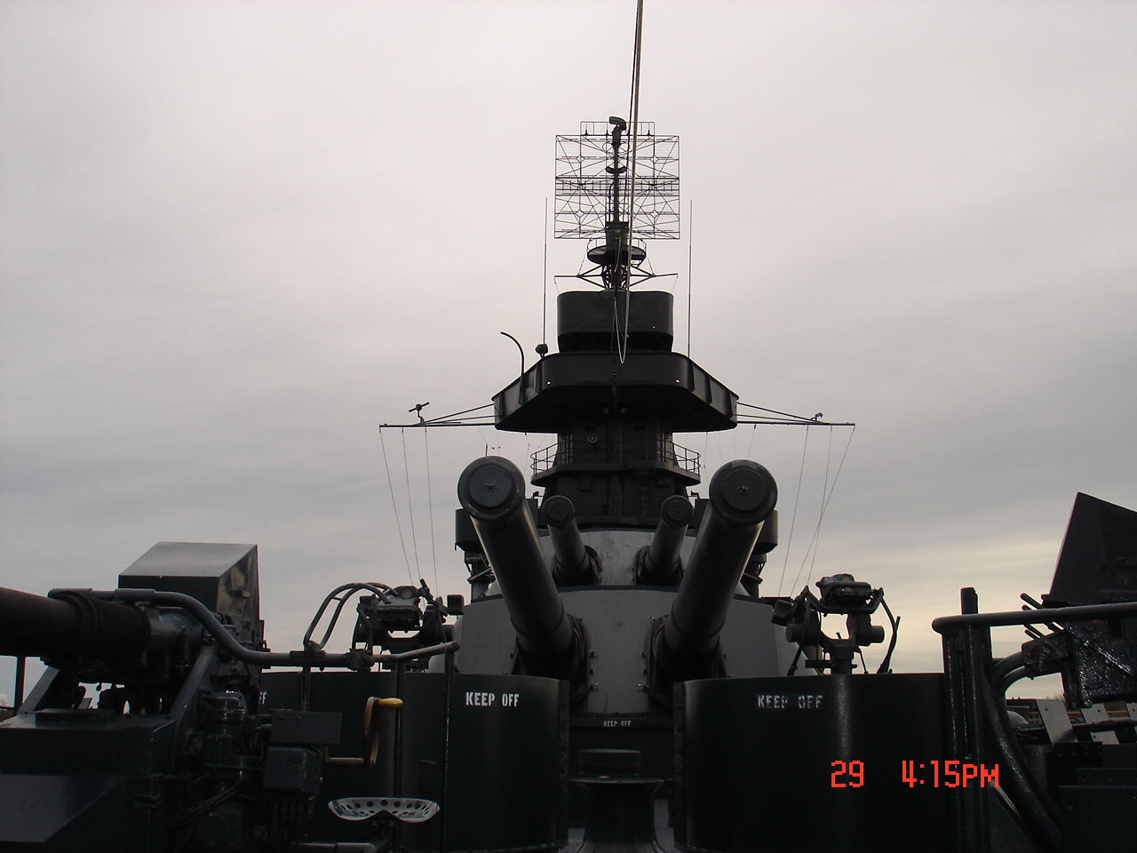 View of Texas' 14-in main battery (turrets 4 and 5) from the fantail, 2007