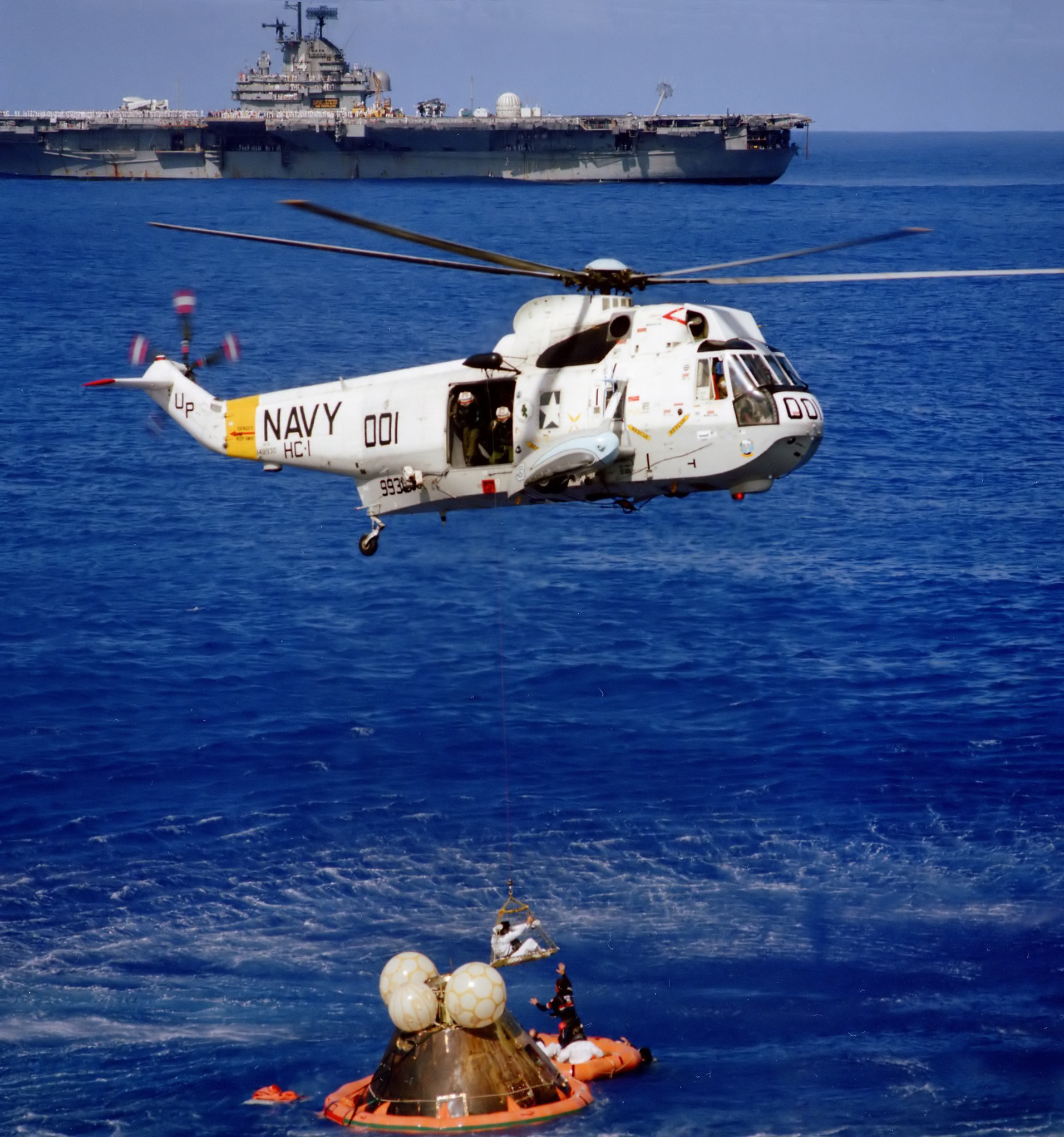 Recovering operations for Apollo 17, 19 Dec 1972; note USS Ticonderoga in background