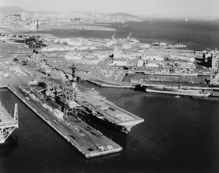 USS Hornet, USS Ticonderoga, USS Chicago, USS Hooper, and other ships at Hunter's Point Naval Shipyard, San Francisco, California, United States, 30 Sep 1966