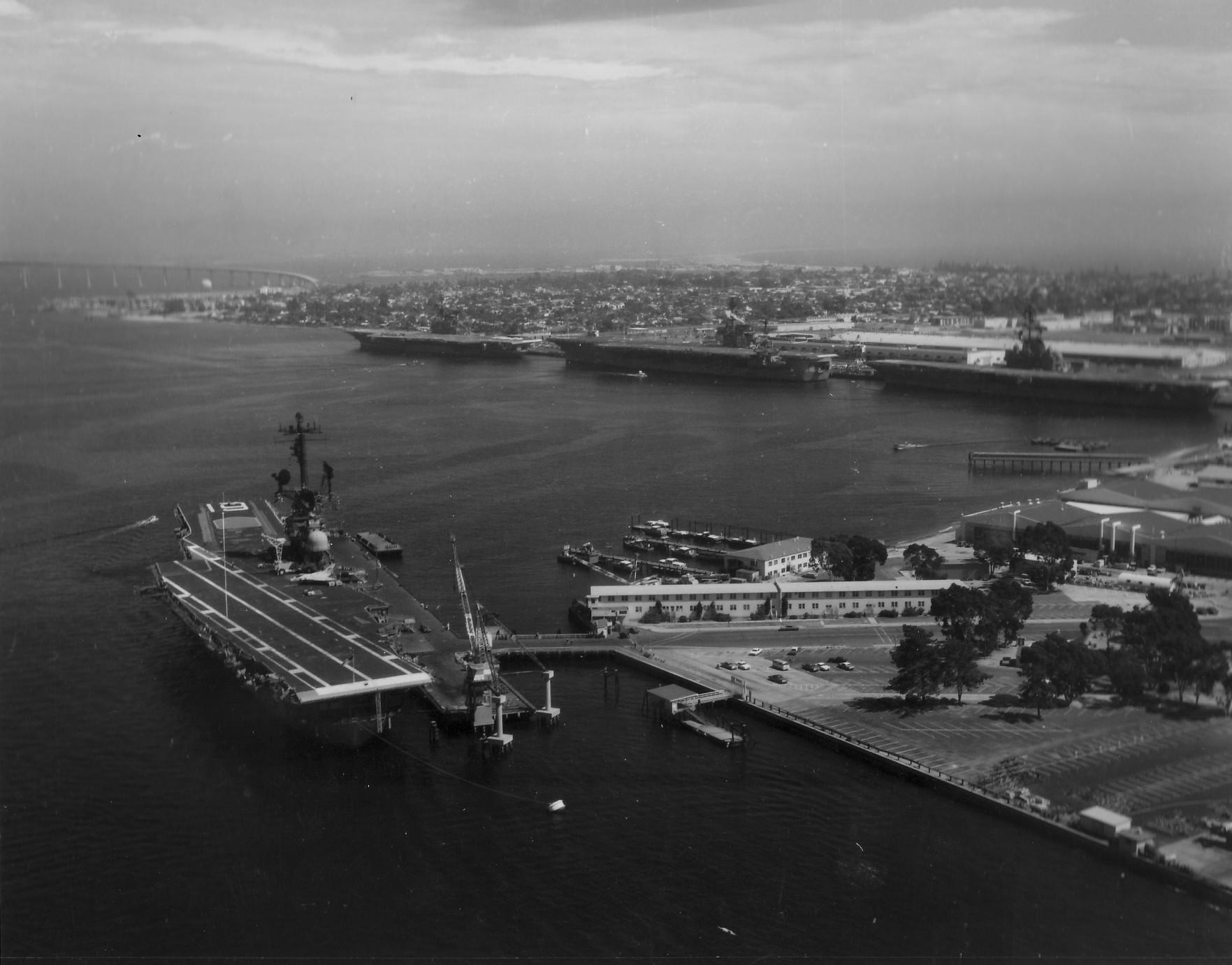 USS Hancock, USS Midway, USS Kitty Hawk, and USS Ticonderoga at Pier J, Naval Air Station North Island, San Diego, California, United States, 18 Jul 1970