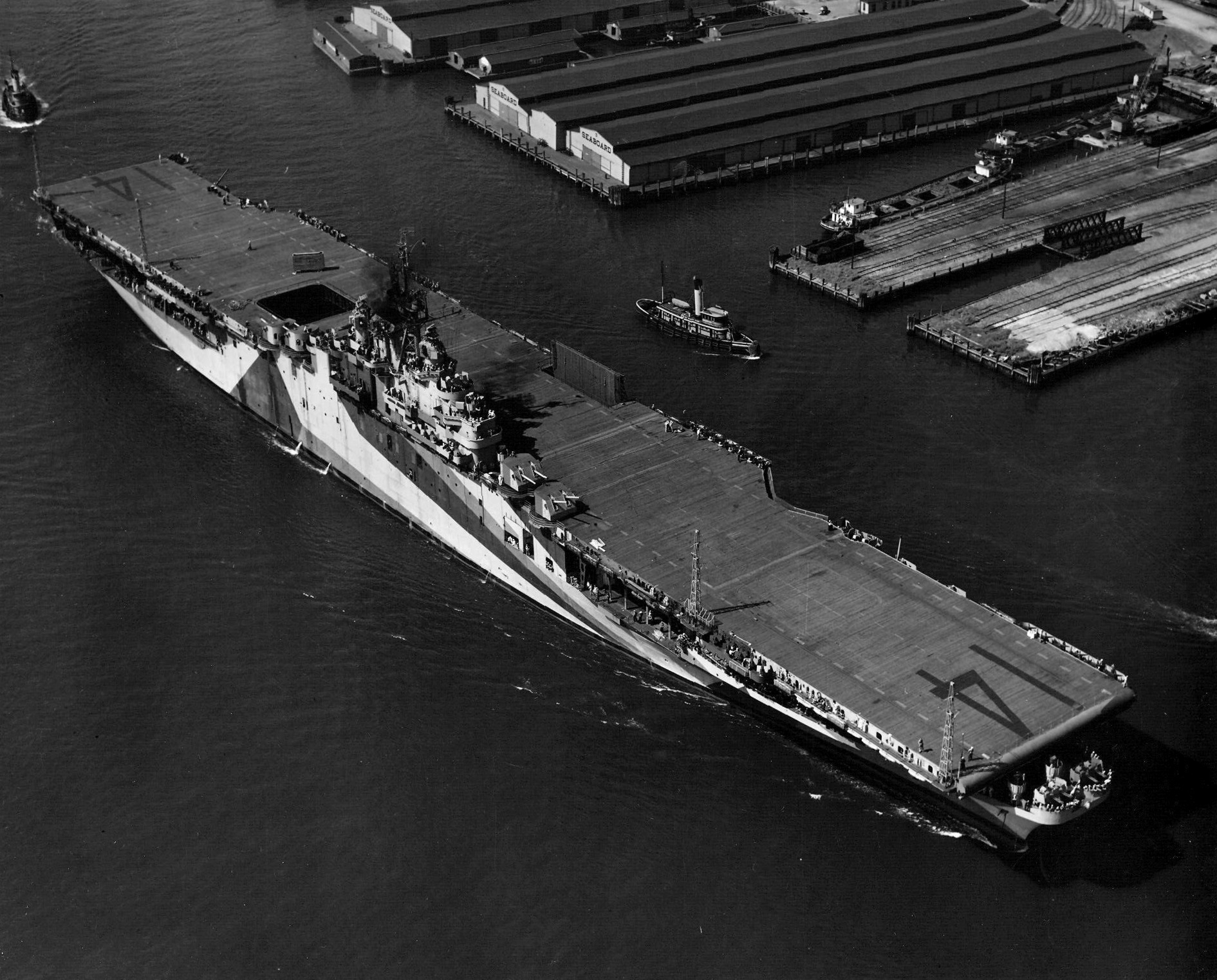 USS Ticonderoga at Norfolk, Virginia, United States, 30 May 1944; note camouflage Measure 33 Design 10A