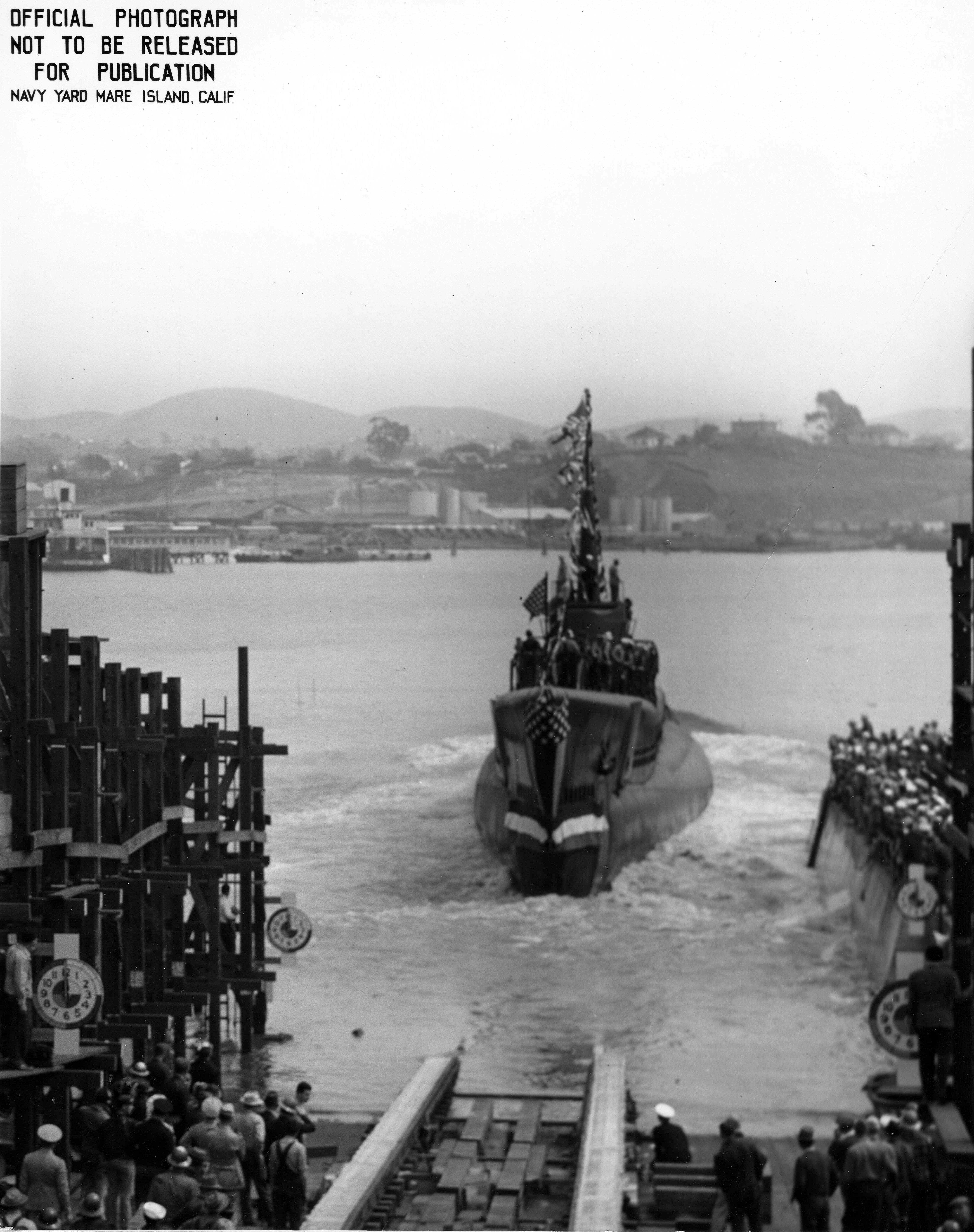 Launching of USS Trepang, Mare Island Naval Shipyard, California, United States, 23 Mar 1944