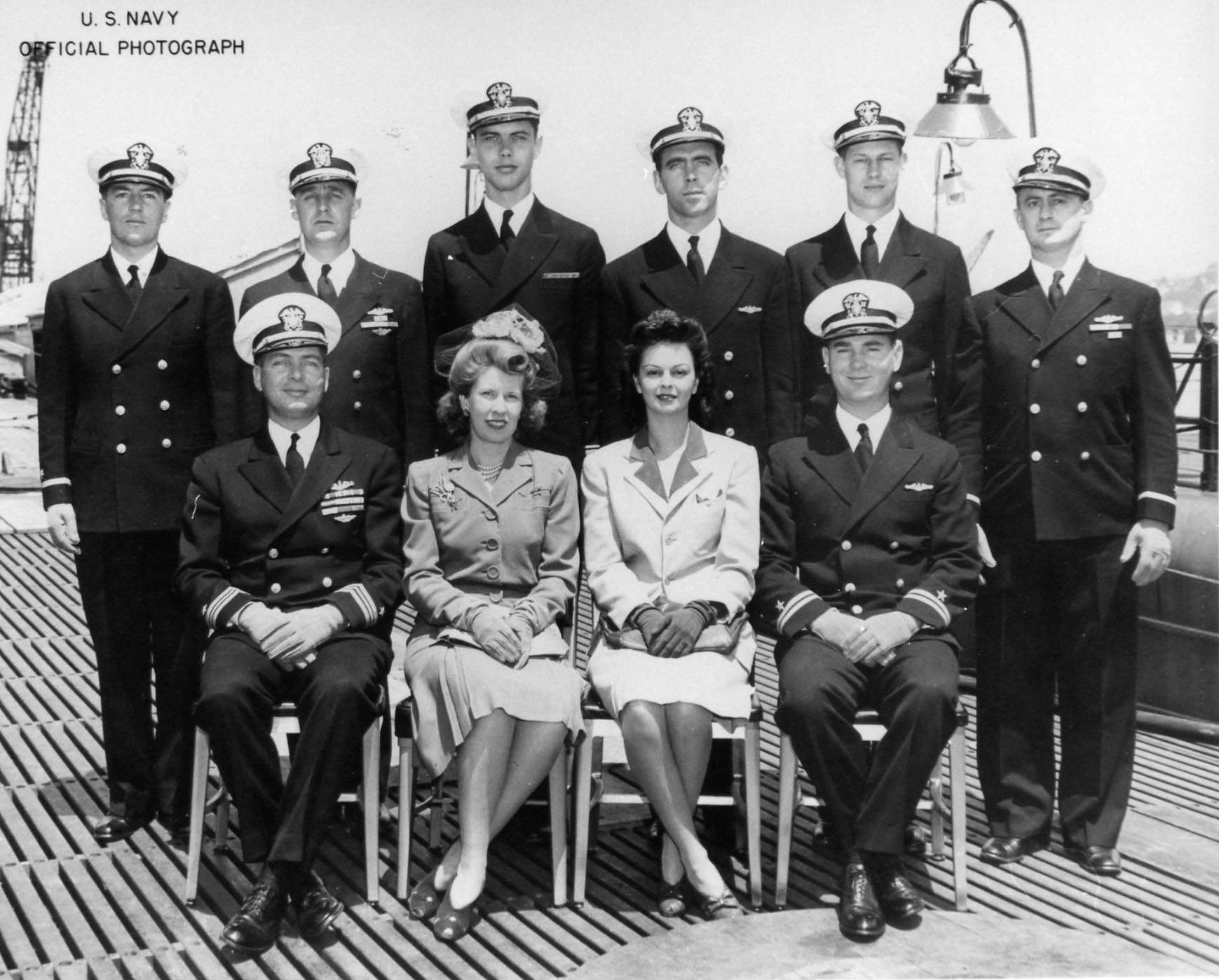 Commissioning party of USS Trepang, Mare Island Naval Shipyard, California, United States, 22 May 1944; Commander Roy Davenport seat at left of photograph