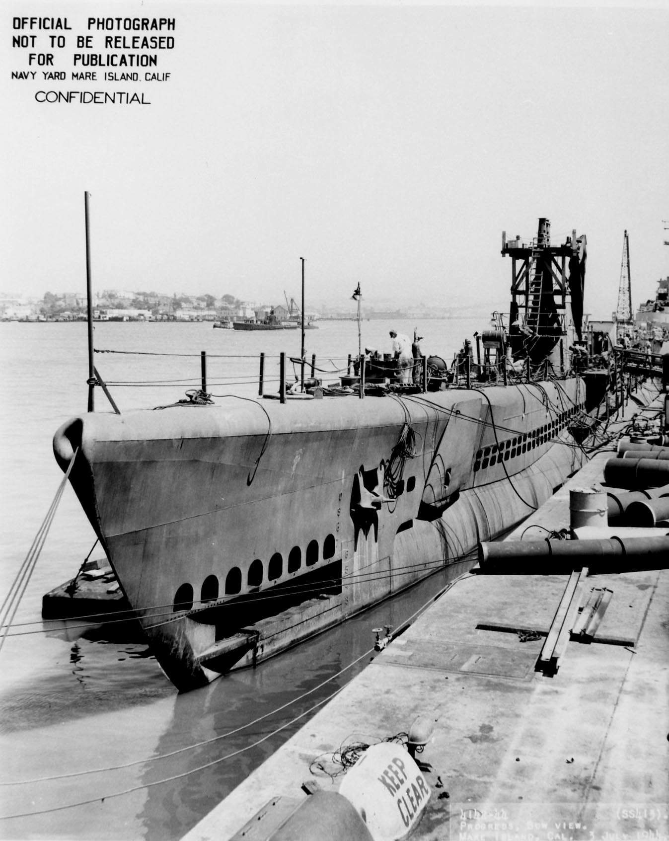 Submarine Spot at Mare Island Naval Shipyard, Vallejo, California, United States, 3 Jul 1944; note submarine Trepang in background