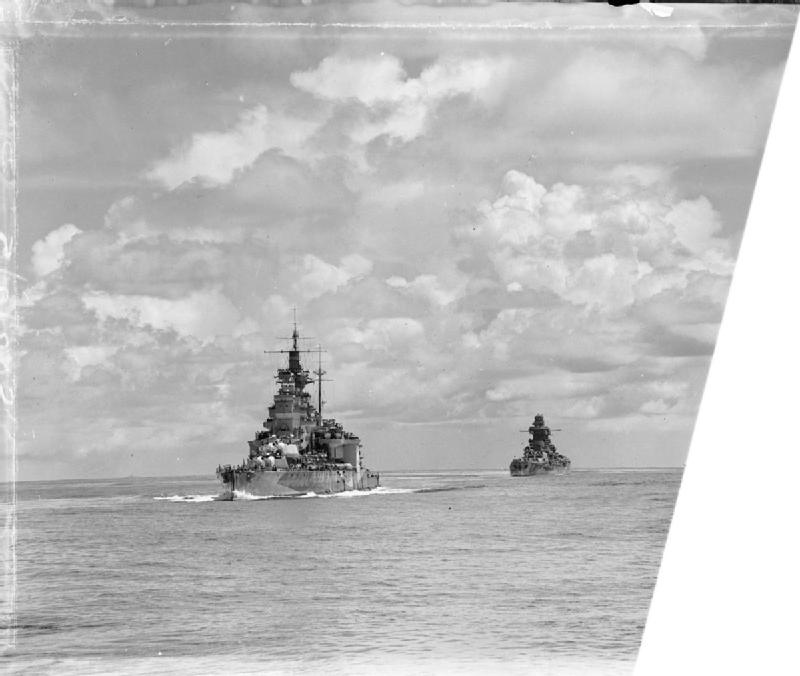 British battleship HMS Valiant and French battleship Richelieu, 1940s; photograph taken from HMS Queen Elizabeth
