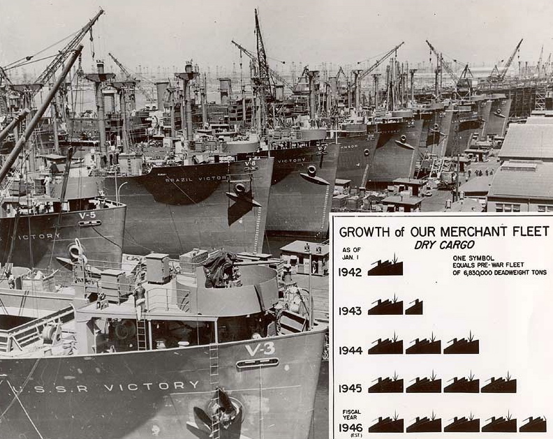 Victory and Liberty Ships at California Shipbuilding Corporation's yard at Wilmington, California, United States, 14-26 Apr 1944
