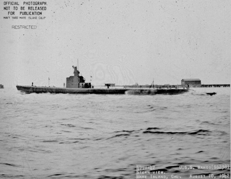 Port side view of USS Wahoo, Mare Island Navy Yard, Vallejo, California, United States, 10 Aug 1942