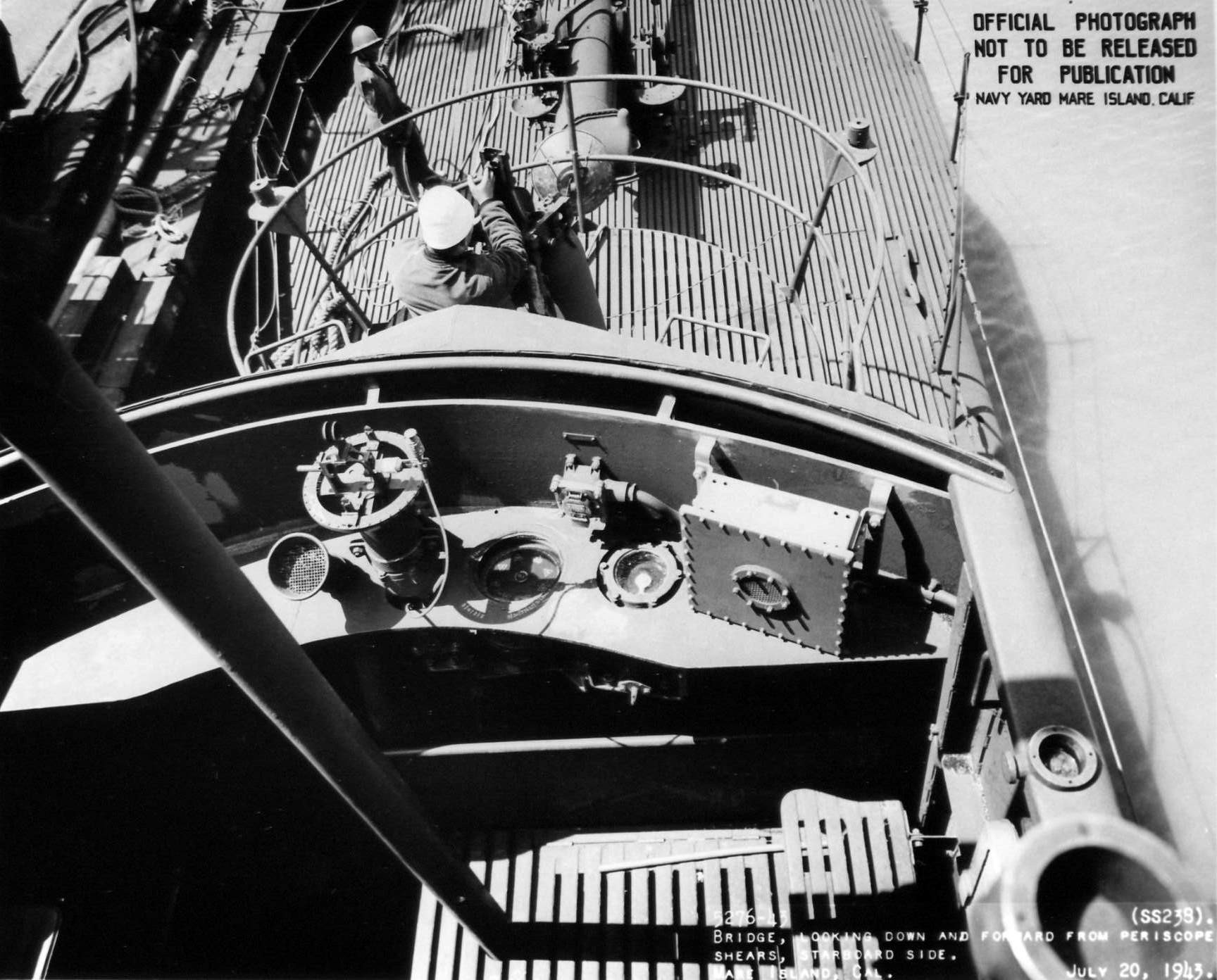 View of USS Wahoo's bridge from above while at Mare Island Navy Yard in Vallejo, California, United States, 20 Jul 1943, photo 1 of 2