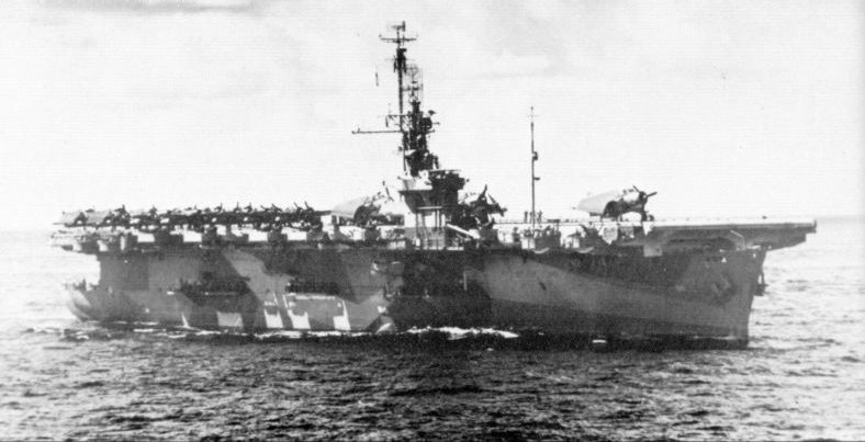 USS Wake Island, 1940s; note Camouflage Measure 33, Design 10A and TBM Avenger and FM-2 Wildcat aircraft probably of VC-58