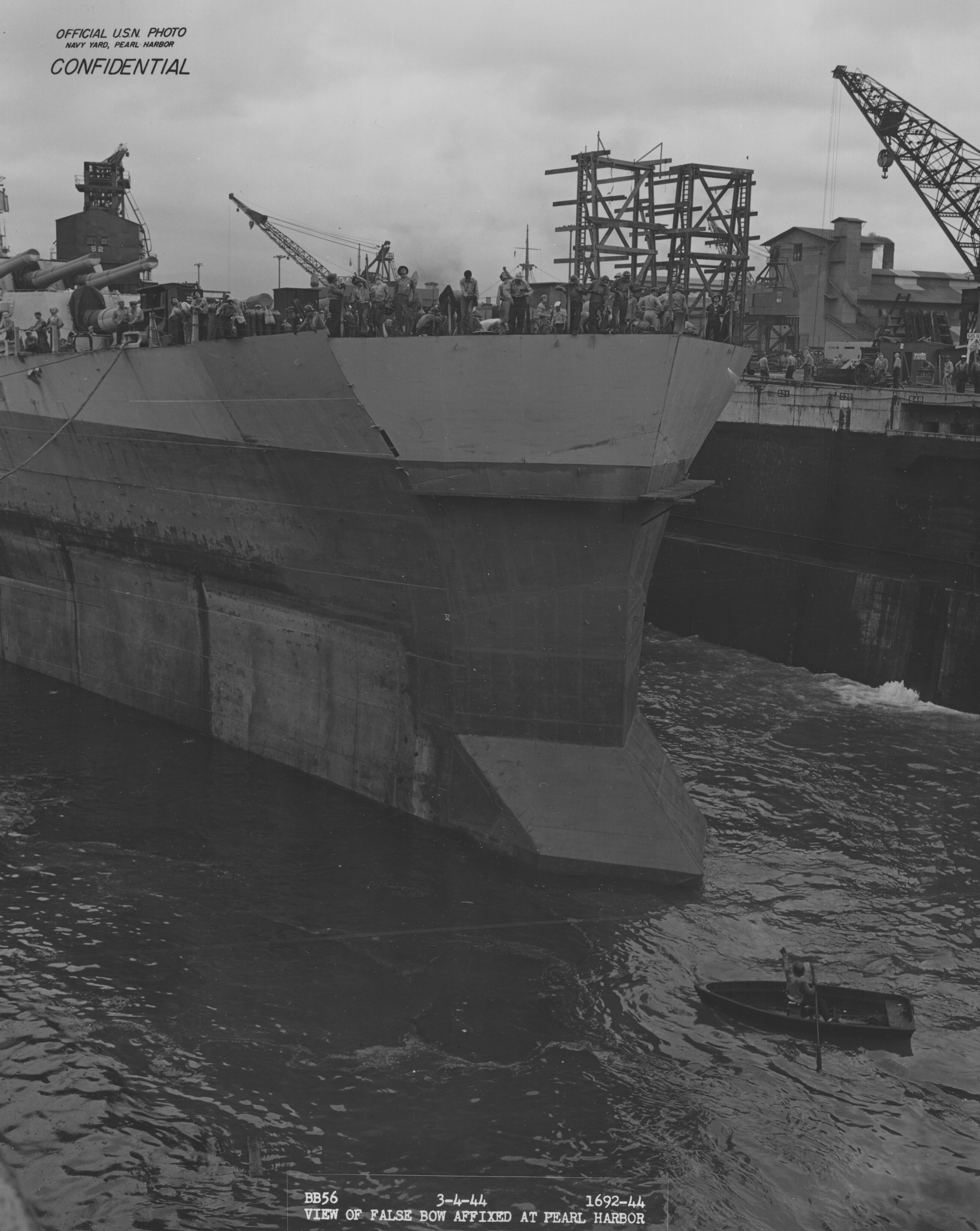 USS Washington with temporary bow, Pearl Harbor, US Territory of Hawaii, 4 Mar 1944
